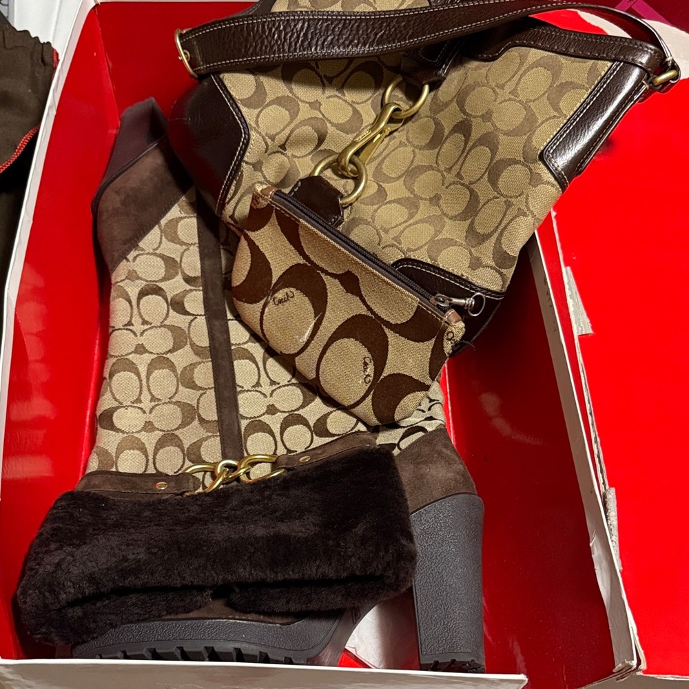 Coach Brown and Tan Heeled Boots and purse - Picture 2 of 6